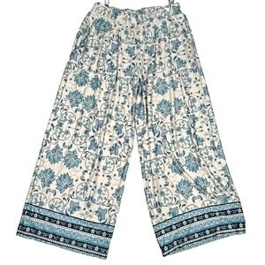 Cato Womens Size 14WP 16WP Hi Rise Pull On Pants Wide Leg Cream Blue Floral Boho